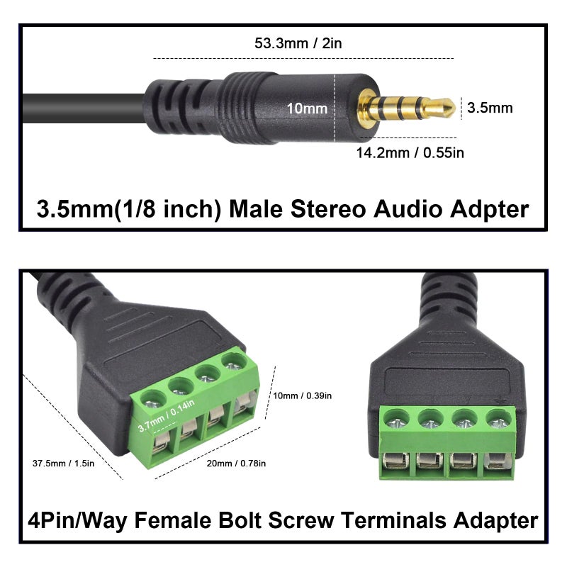 Poyiccot 3.5mm Speaker Wire Adapter, 3.5mm (1/8") 4 Pole Stereo TRRS Male Jack to AV 4 Screw Terminal Block Balun Connectors Cable 30cm (1/8inch/ 4pin) - Image 3